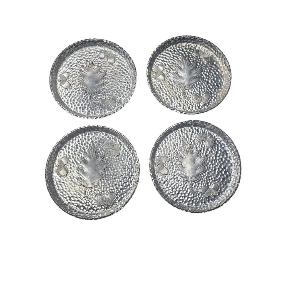 (4)West Bend Hammered Aluminum Oak Leaves Acorns Vintage Coaster Set